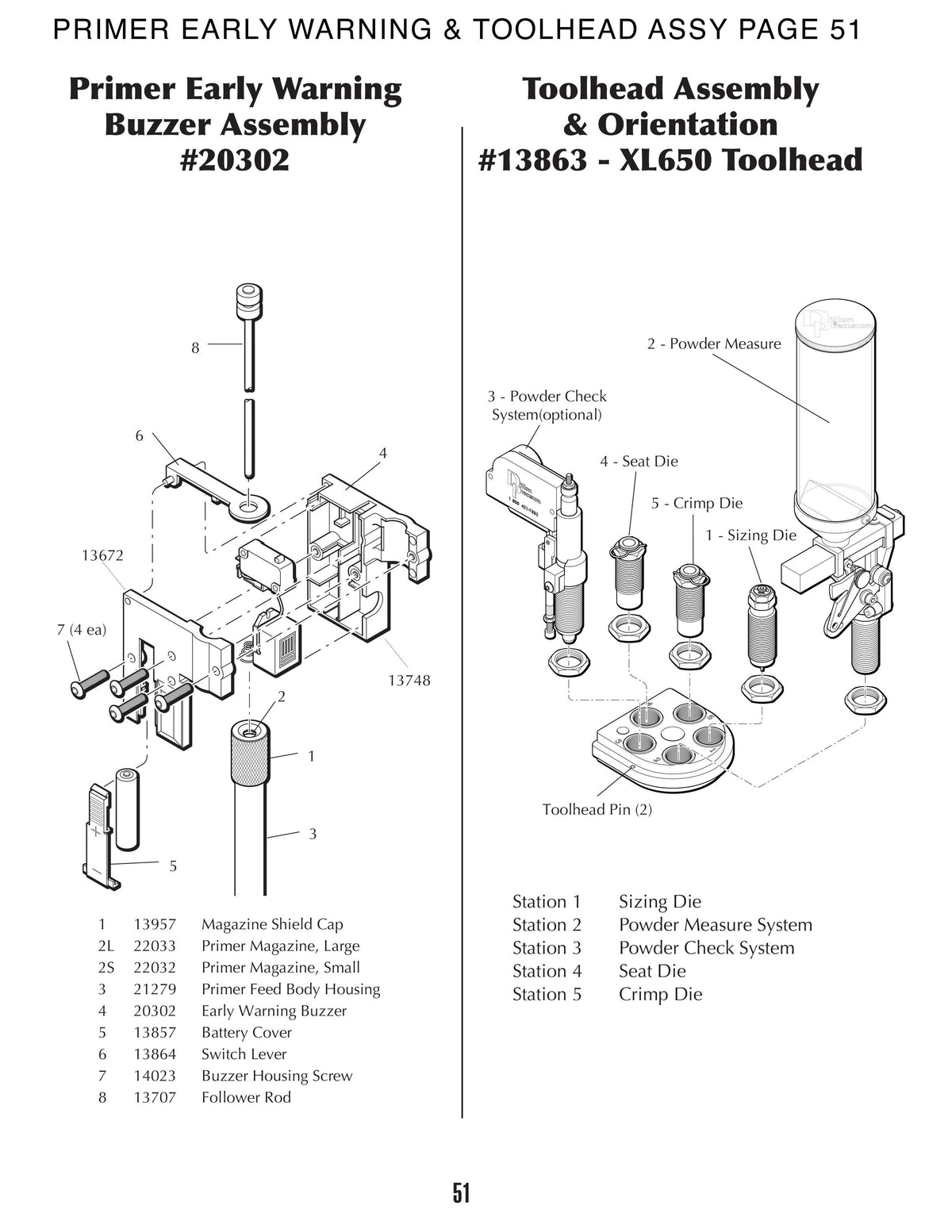 XL650 Primer Early Warning & Toolhead Assy — manual page 51 parts diagram