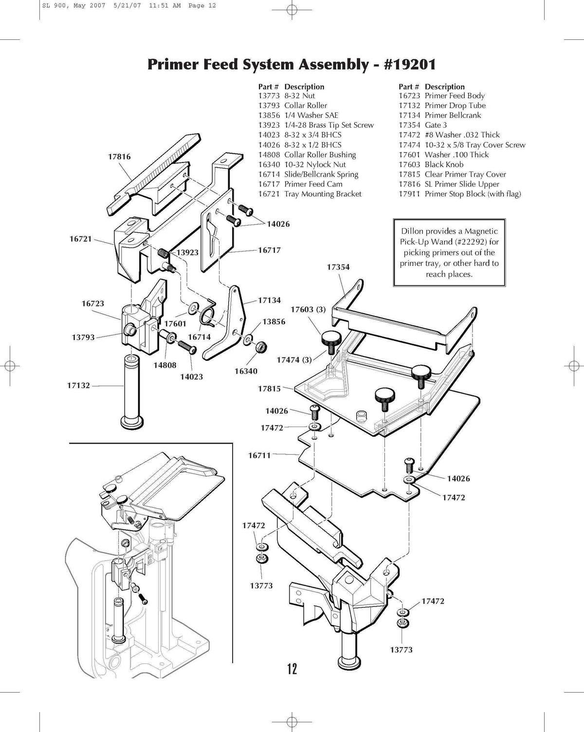 Machine Parts | SL900 | Primer Feed Sys Assy | Manual Page 12