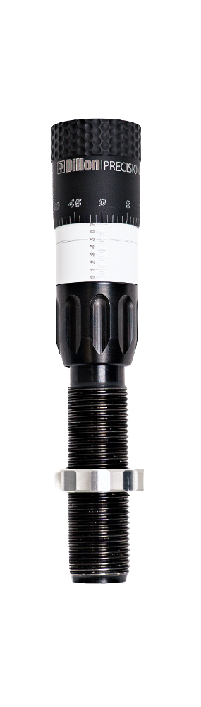Dillon Precision Accurized Series micrometer seating die: knurled micrometer head, graduated dial, vernier sleeve, fluted body, 7/8-inch by 14 threaded shank and lock ring.